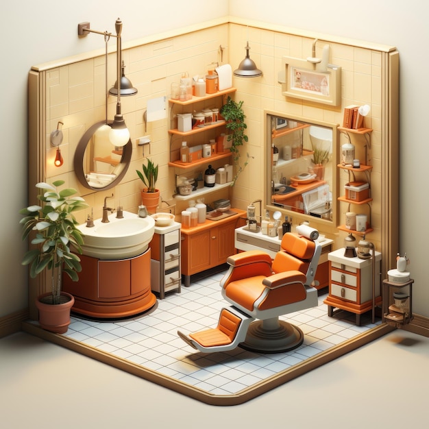 3d isometric barbershop room on isolated background