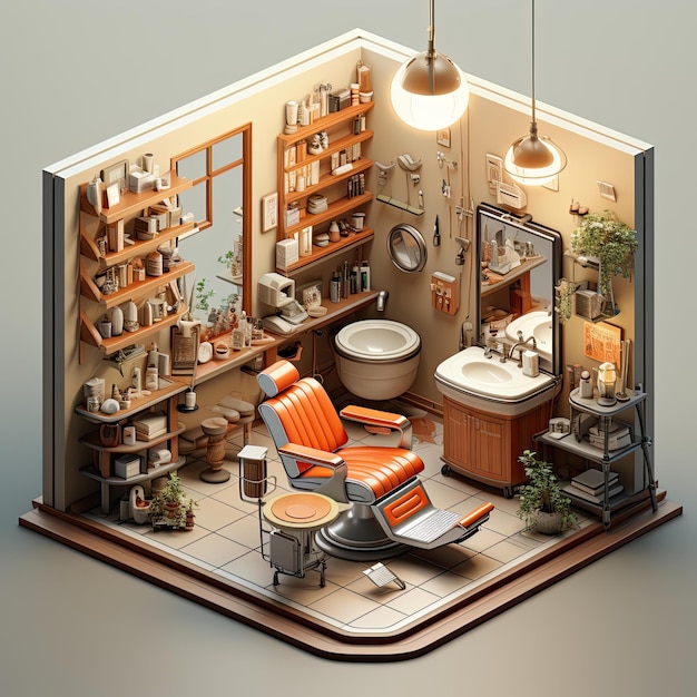 3d isometric barbershop room on isolated background