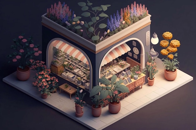 3D Isometric Building of a flower shop illustration Generated AI