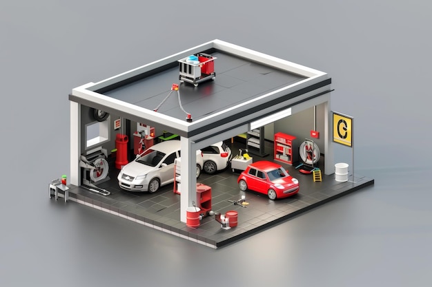 3d isometric car repair shop isolated on background3d rendering