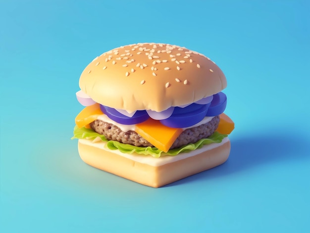 3d isometric cheese burger on blue background