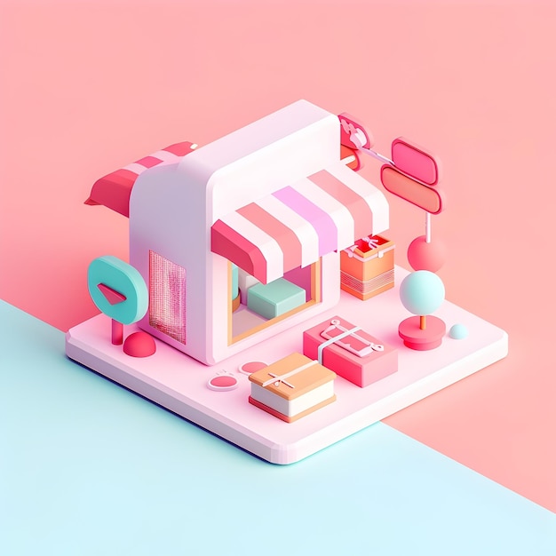 3D Isometric Cute E commerce Website Icon with Pixel Art Style and Modern Light Theme on Colored