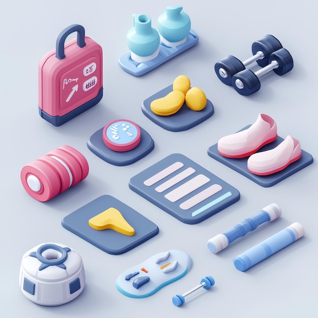 3D Isometric Fitness App Icons Gym Equipment Healthy Lifestyle Workout Exercise