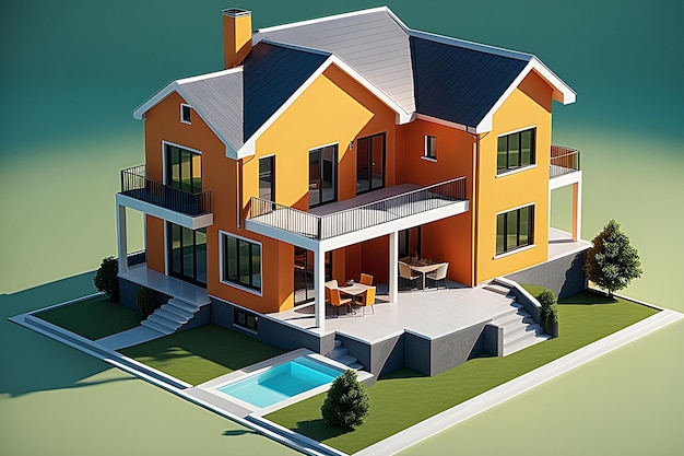 3d isometric house with a terrace and a swimming pool