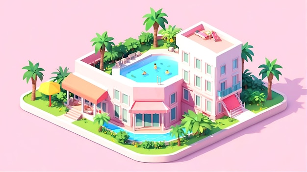 3d Isometric icon of tourist hotel with swimming pool