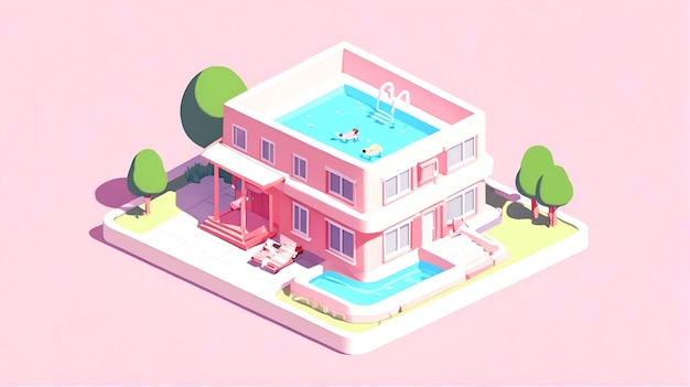 3d Isometric icon of tourist hotel with swimming pool