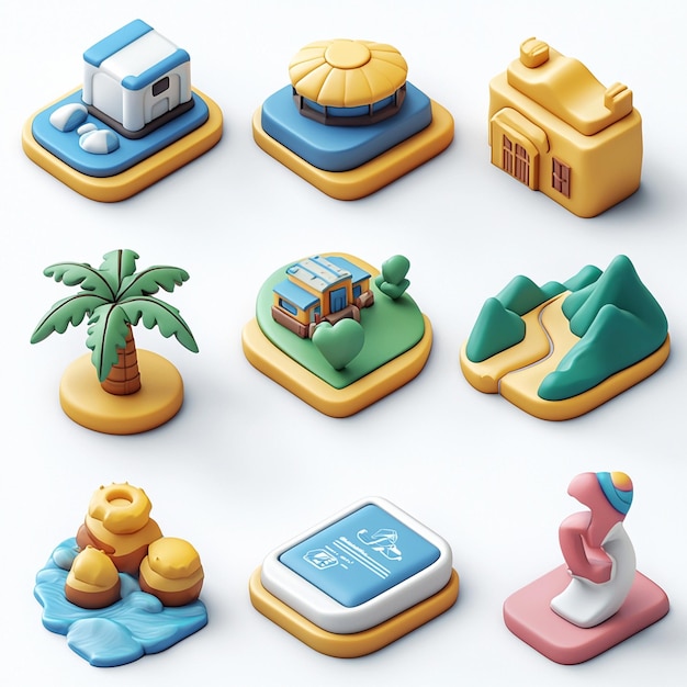 3D Isometric Icons Set Beach City Nature Travel