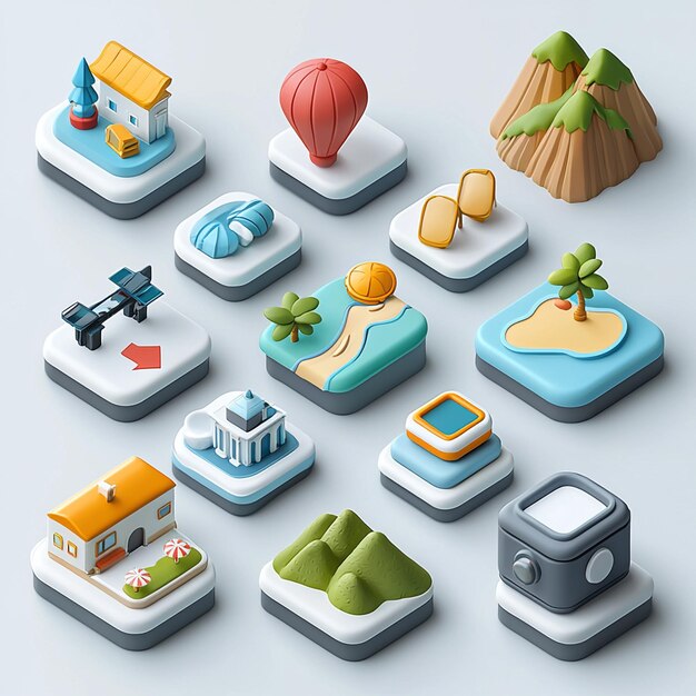 3D Isometric Icons Set Travel Vacation Holiday Adventure