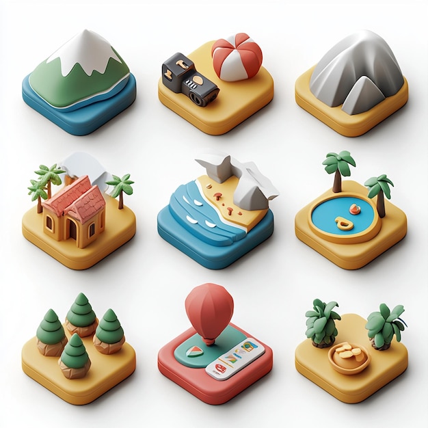 3D Isometric Icons of Travel Destinations Mountains Beaches and Forests