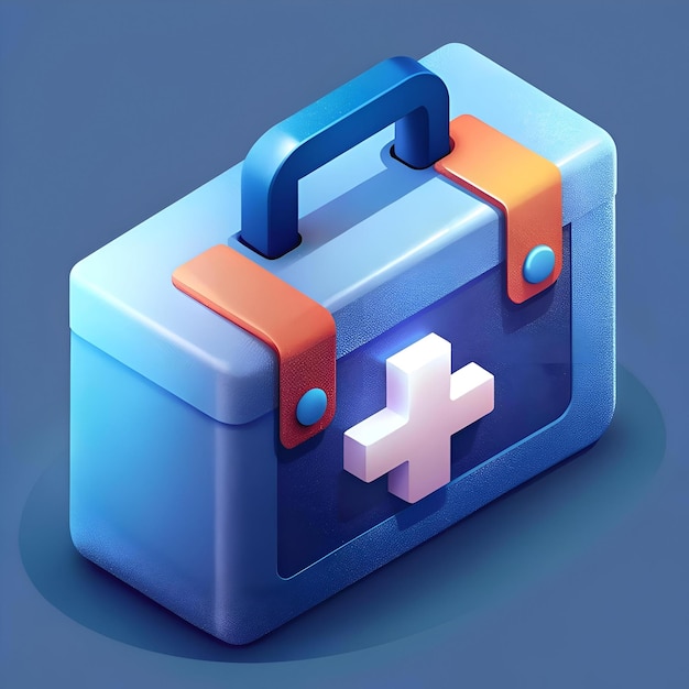 Photo a 3d isometric illustration of a blue first aid kit with a white cross and orange straps