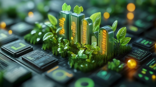 3D isometric illustration featuring green finance growing plants financial charts and sustainability symbols