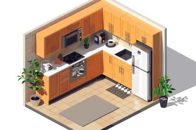 Photo 3d isometric kitchen room isolated on background3d rendering