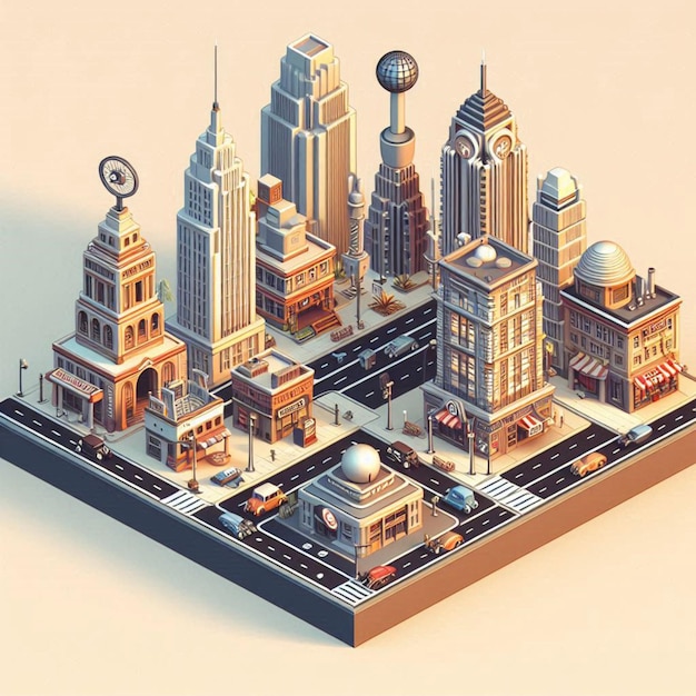 3D Isometric RetroFuturistic City Art Deco