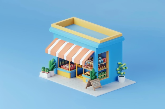 3d isometric shopping store and food shop isolated on background3d rendering