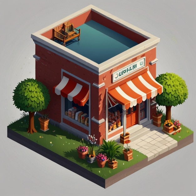 3d isometric shopping store and food shop