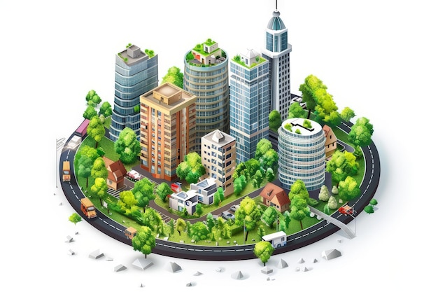 Photo 3d isometric smart city with skyscrapers buildings road and green tree map landscape illustration