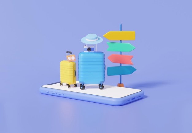 3D isometric suitcase hat camera Travel online booking service on mobile and signpost of travel on purple pastel background Leisure touring holiday summer concept 3d render illustration