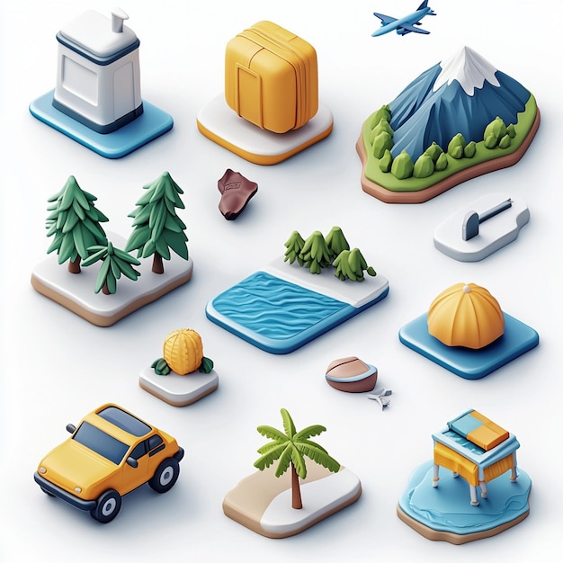 3D Isometric Travel Icons Mountain Beach Airplane Car Palm Tree