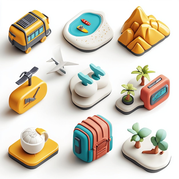 3D Isometric Travel Icons Set Bus Airplane Mountain Beach Backpack Palm Trees Coffee Cup Flip Flops