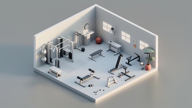 Photo a 3d isometric view of a home gym with various workout equipment