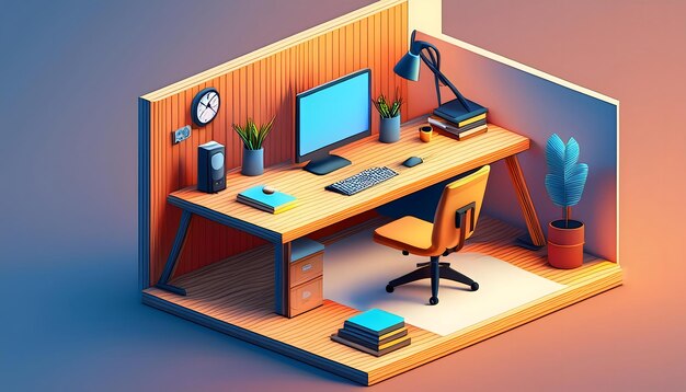 Photo 3d isometric workspace with minimalist desk setup