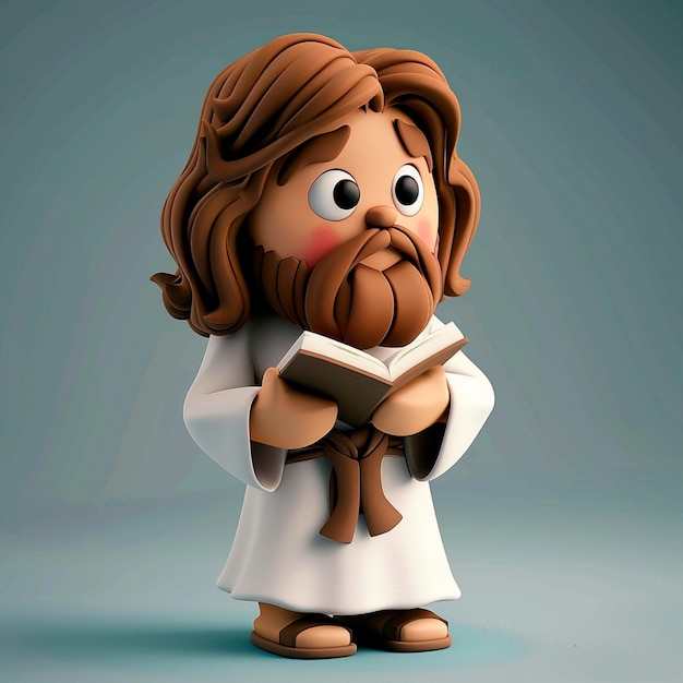 Photo 3d of jesus christ in cartoon style wearing a white robe holding a book