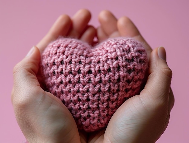 A 3d knitted heart held by hands top view pink background with heart of different colors