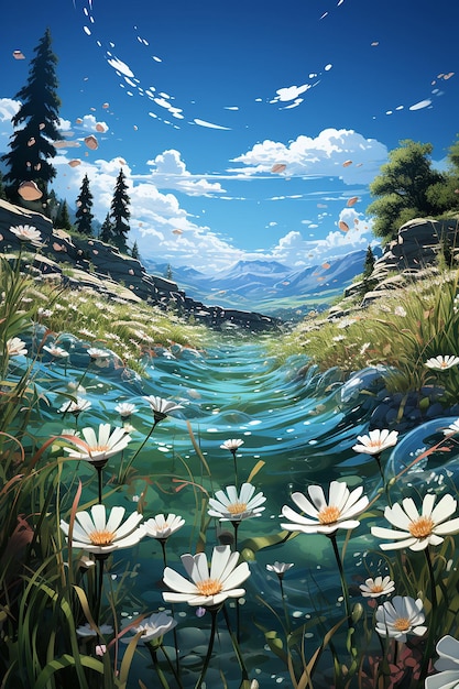 a 3d landscape wallpaper showing flowers and grass in the field in the style of romantic riverscape