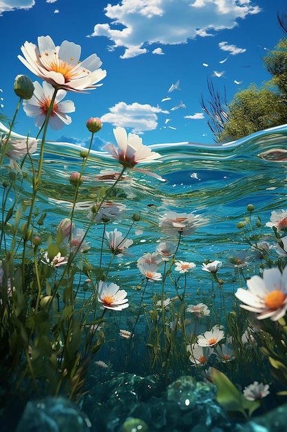 a 3d landscape wallpaper showing flowers and grass in the field in the style of romantic riverscape