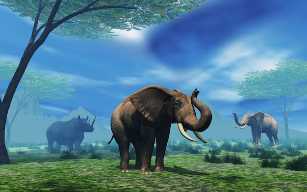 3D landscape with elephants and rhino