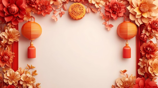 3D Lantern and Mooncake Border with Copy Space concept as A border frame featuring a lantern and moo