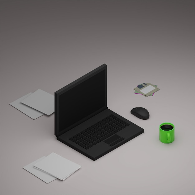 3d laptop computer with coffee