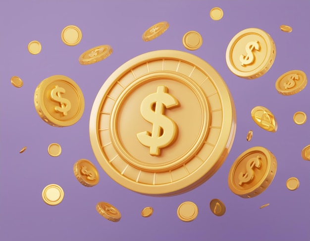 Photo 3d large gold coin with a dollar sign floats among smaller coins