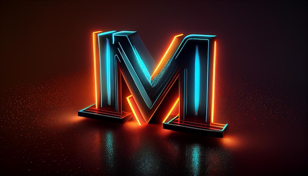 A 3d letter m with neon lights on the bottom