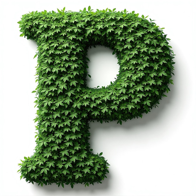 Photo 3d letter p made of lush green foliage topiary bush texture with vibrant leaves on white background