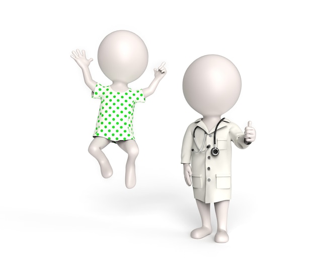 3D little white persons as doctor and patient in high spirits