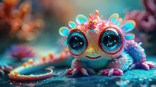 Photo 3d lizard character with big eyes and joyful pose set on a gradient background going from coral to