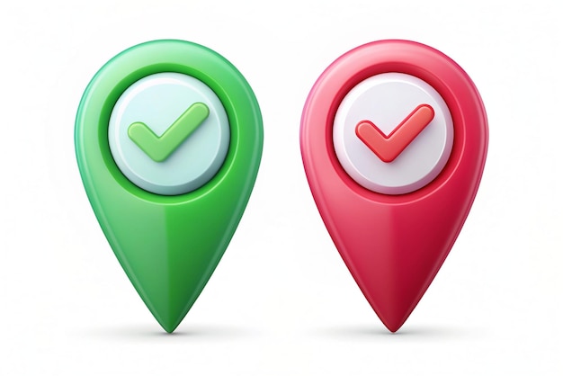 Photo 3d location pin and check cross marks gps navigator pointer trendy and modern vector in 3d style