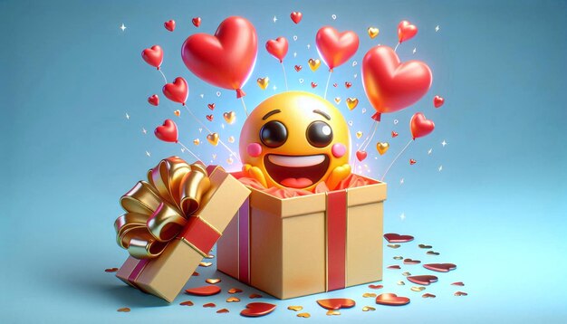 Photo 3d love emoji popping out of gift box with heart shaped balloons