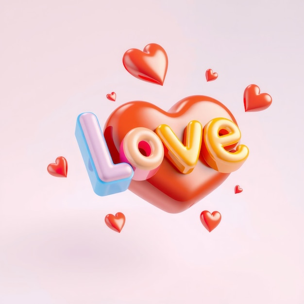 3D love text with heartshaped balloons