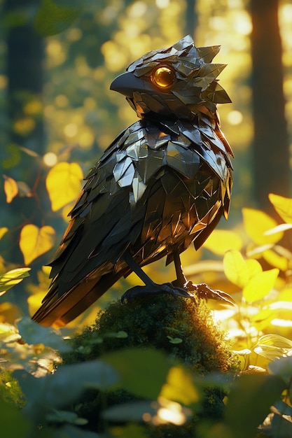 Photo 3d low poly bird in forest background