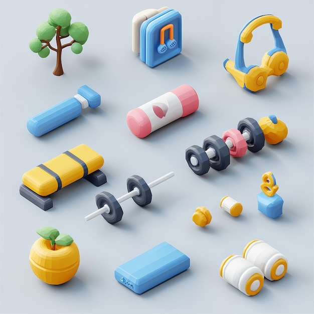 3D Low Poly Fitness Icons and Objects Dumbbell Barbell Yoga Mat Bench Apple Binoculars Tree Phone