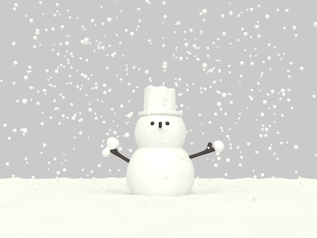 3d low poly snowman with snowing cartoon style 3d render