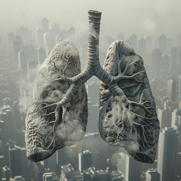 3D lungs in haze polluted city background close perspective grey tones sharp details