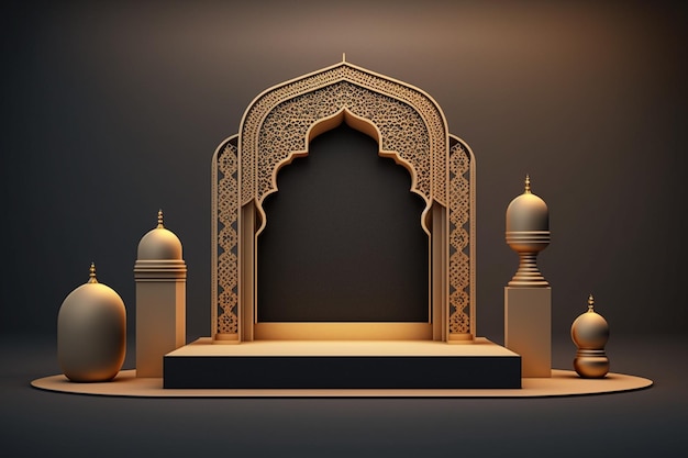 3D luxurious and elegant Islamic-themed podium for product display, Ramadan podium. AI Generated