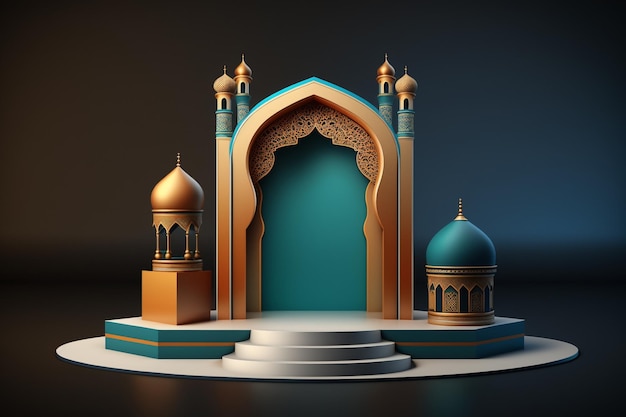 3D luxurious and elegant Islamic-themed podium for product display, Ramadan podium. AI Generated