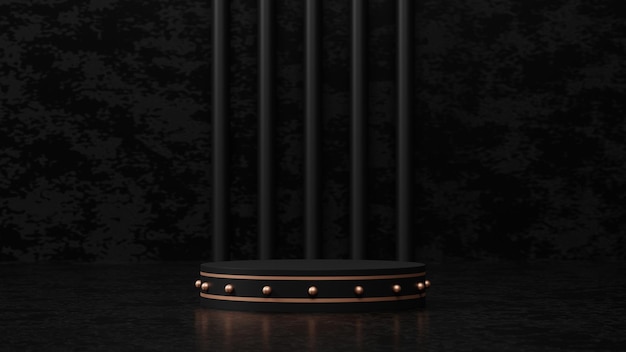 3D luxury dark background with gold pedestal or podium mockup, empty platform for product showcase