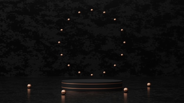 3D luxury dark background with gold pedestal or podium mockup, empty platform for product showcase