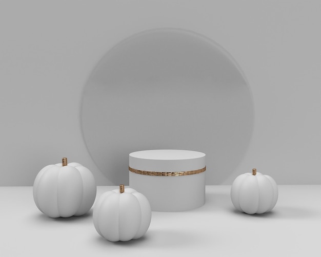 3d luxury layout Halloween scene with product podium on white background. Pumpkins stage platform