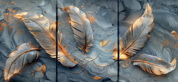 3D luxury marble background with golden butterfly feathers and pearls blue colors for wall decoration